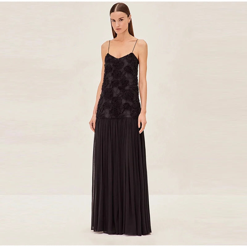 Stereo Flower Slip Dress Patchwork Chiffon Solid Color Rose Halter Robes Waist Cinching Suspender Women Pleated Long Dresses