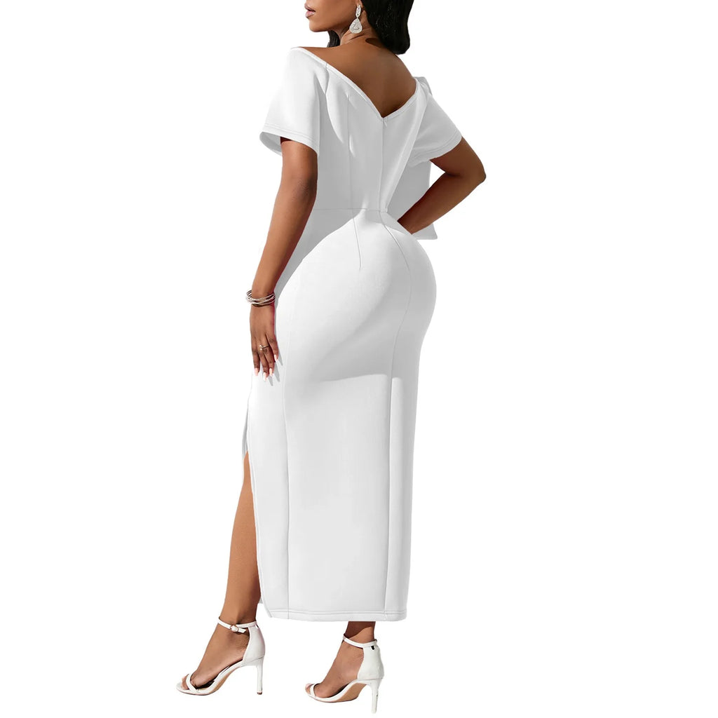 Elegant Party Dresses for Woman 2024 New V Neck Short Sleeve Big Bow Decorate Sheath Side Split Ankle Length Luxury Party Dress