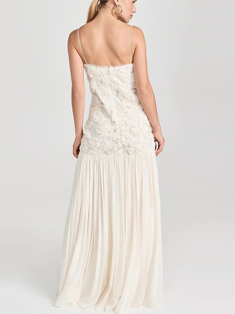 Stereo Flower Slip Dress Patchwork Chiffon Solid Color Rose Halter Robes Waist Cinching Suspender Women Pleated Long Dresses