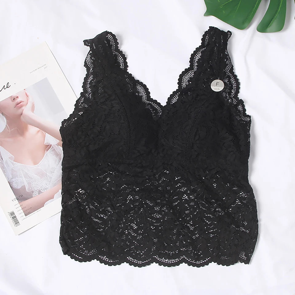 Summer Sexy Deep V Lace Vest With Breast PadsEmbroidery Floral Tank Top Wrapped Chest Camisole Padded Crop Tank Top For Women