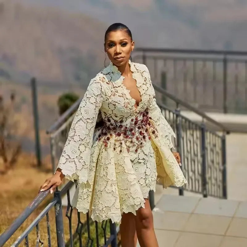 Beautiful 3D Lace Short Party Dresses Flare Sleeves Beige Beading Cocktail Gowns Women Birthday Formal Dress