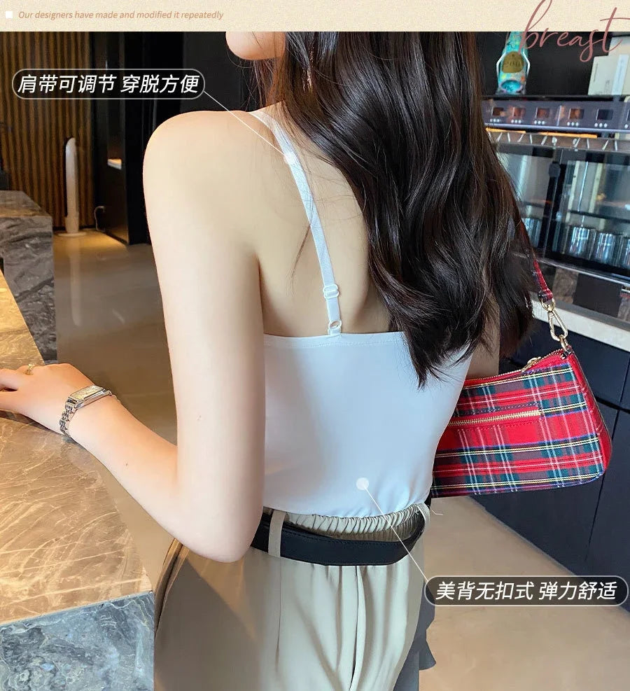 Summer Sexy Top Women Slim Thin Straps Camisole Sleeveless T-Shirt with Cups Solid Color Tank Tops Ice Silk Comfortable Sling