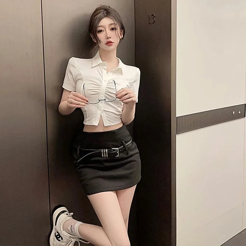 Women's Sexy Polo Shirt  Button Lapel Short Sleeve T-Shirt Summer Slim Waisted Neckline Tops Trendy Transparent Fashion Tops