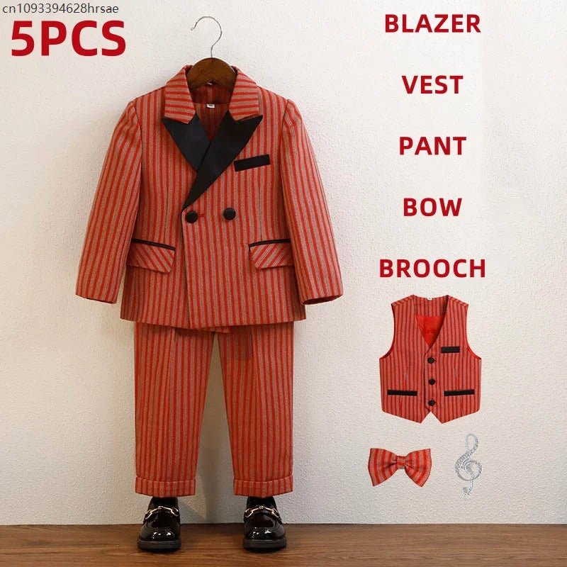 Children Boys Red Luxurious Striped Suit Formal Blazer Vest Pant Boys Suits Outfits Set British Style Handsome Wedding Suit