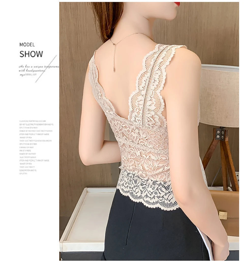 Summer Sexy Deep V Lace Vest With Breast PadsEmbroidery Floral Tank Top Wrapped Chest Camisole Padded Crop Tank Top For Women