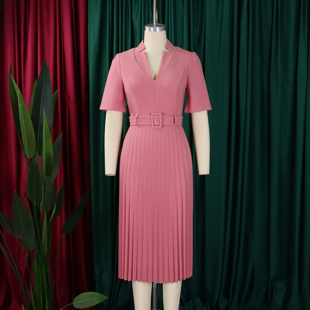 Fashion Ladies Birthday Party Dinner Night Dress New Elegant Pleated Dresses For Women V Neck Short Sleeve Belt Waisted Mid Calf