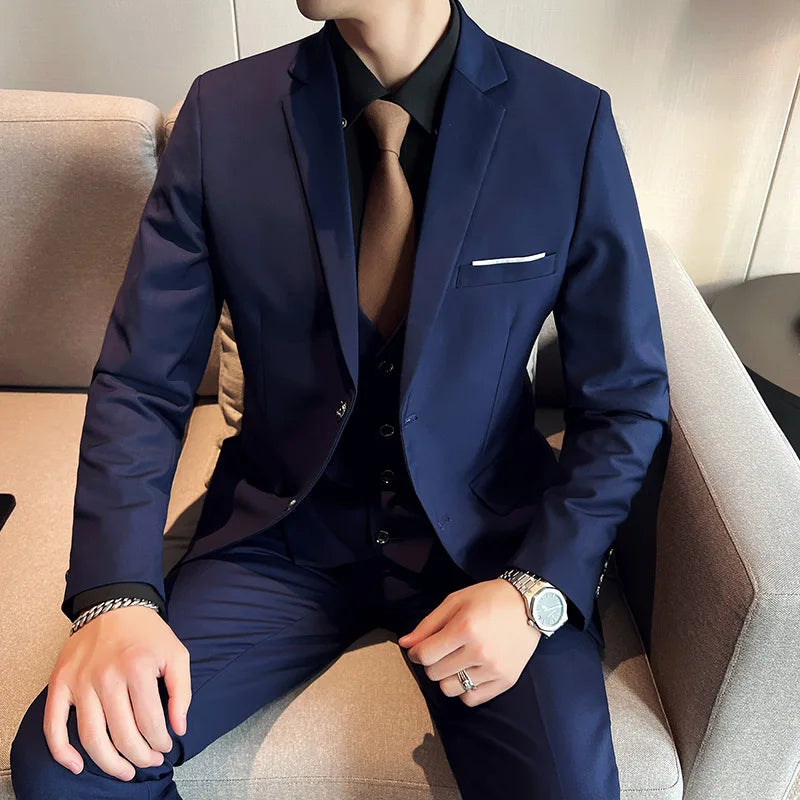 High quality fashion business casual (suit + vest + trousers) British style European and American wedding dress three-piece set