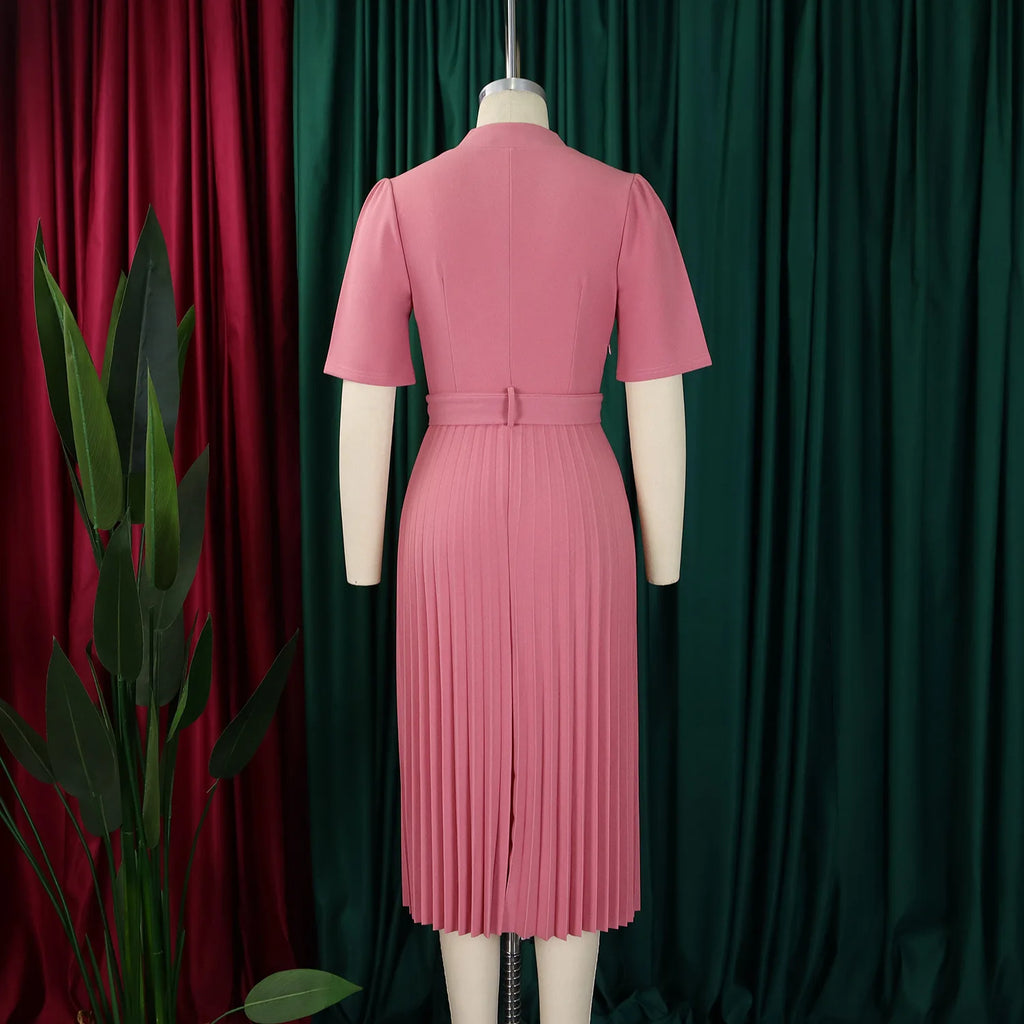 Fashion Ladies Birthday Party Dinner Night Dress New Elegant Pleated Dresses For Women V Neck Short Sleeve Belt Waisted Mid Calf
