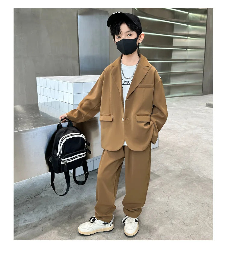 Suit for Boys Autumn Fashion Casual Loose Blazer Trousers Two Pieces Teen School Kids Clothes Set 13 14 Years Children Costumes