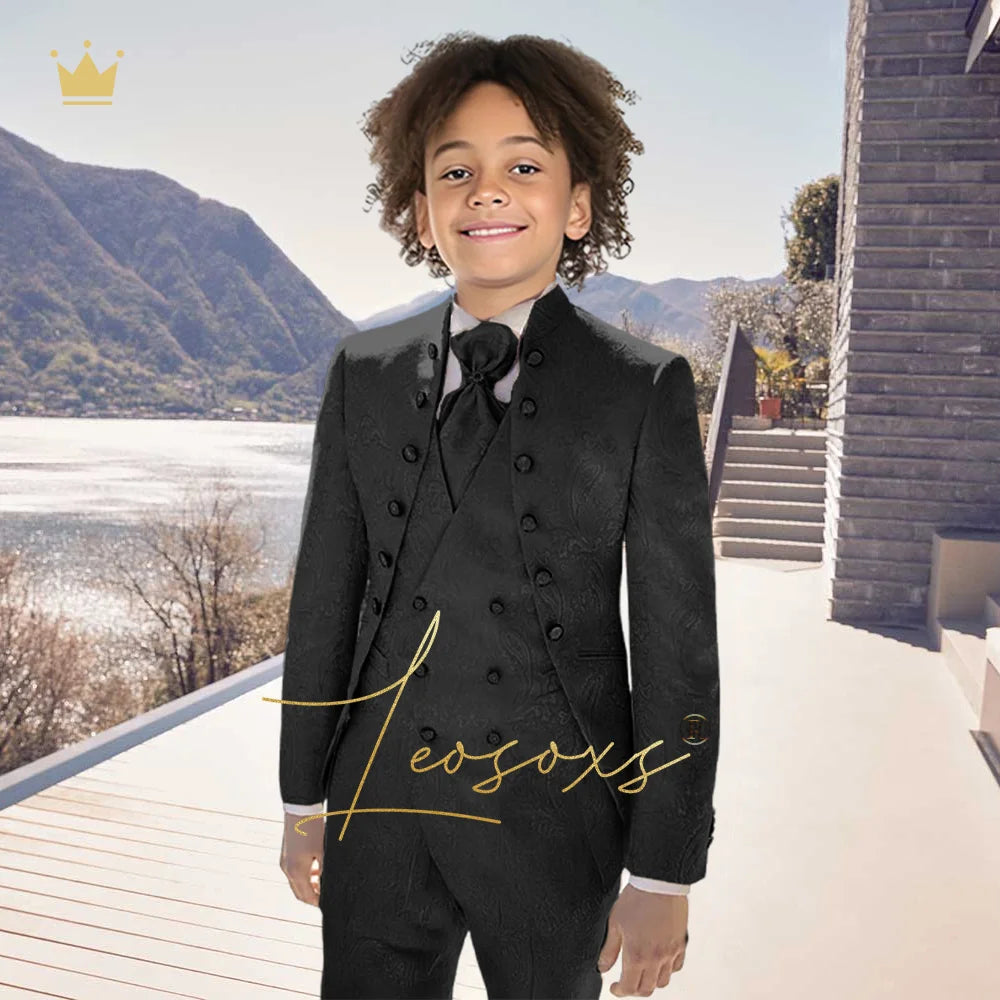 Boys' Jacquard 3-Piece Suit - Custom-made, elegant, vintage, and royal court style, suitable for weddings and banquets.