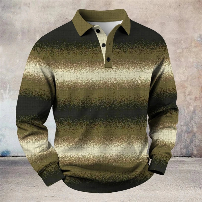 Simple Striped Long Sleeve Polo Shirts For Men Fashion Trendy 3D Printed Golf Polo Shirt Casual Oversized Lapel Button Tops