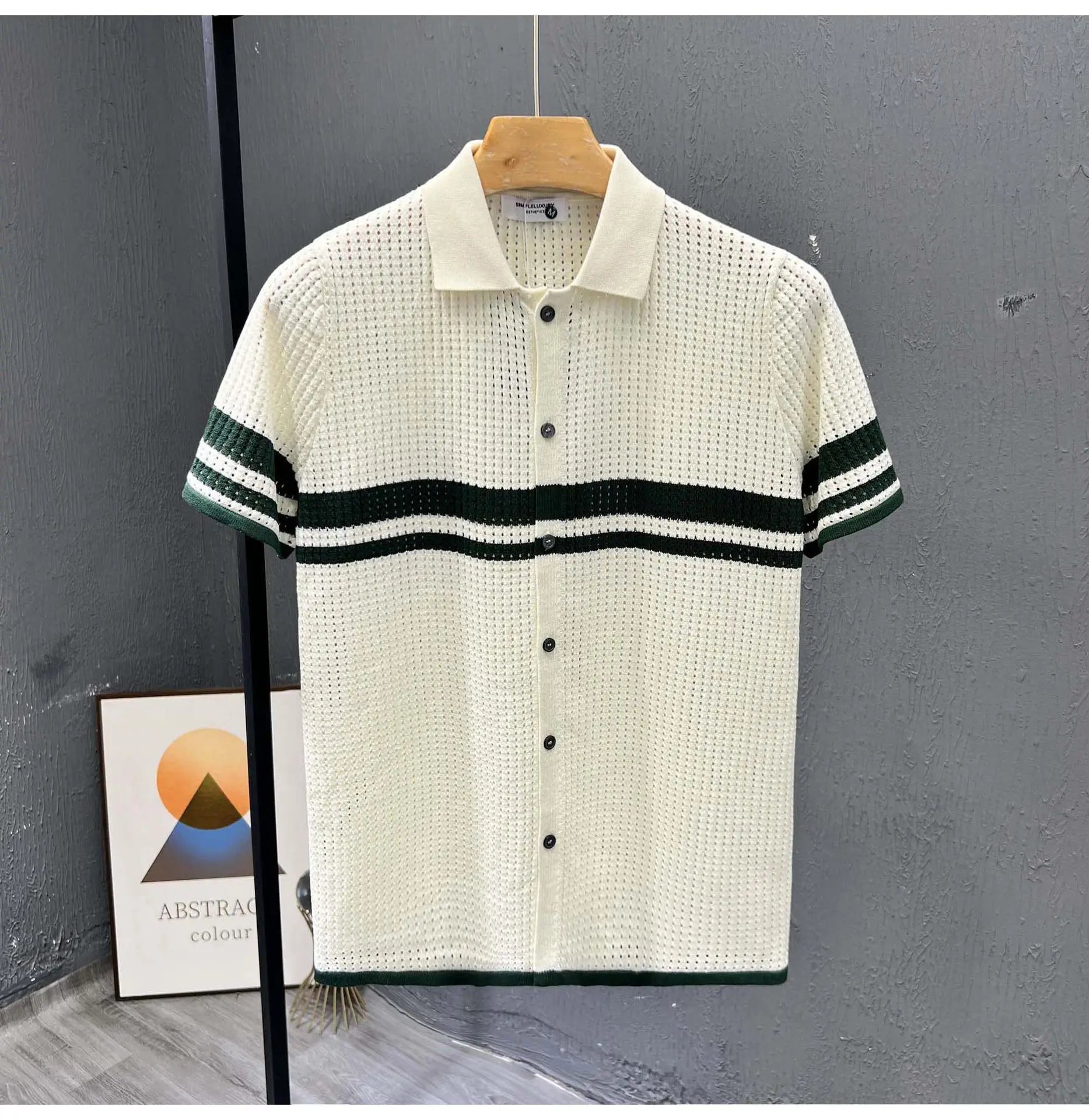POLO Shirt Knitted Sweater Short-sleeved Men's Hollow Cardigan Striped Old Money Wind Casual T-shirt Summer Men Clothing