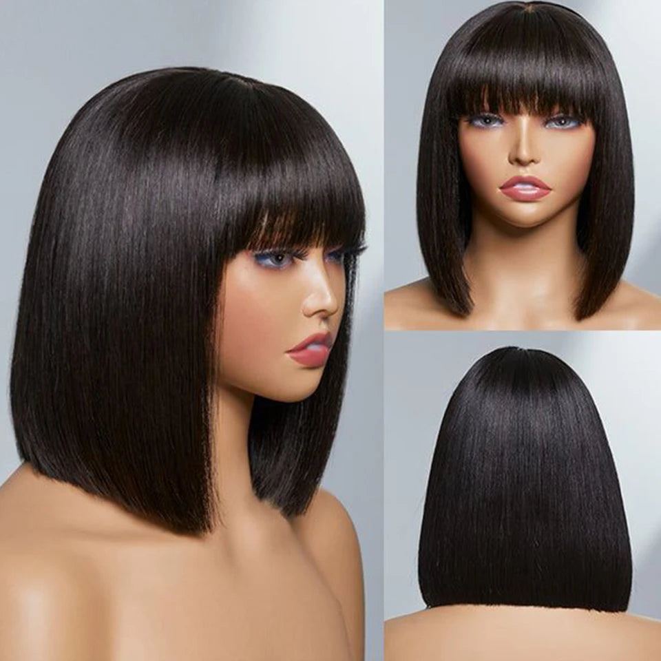 Straight Bob Lace Wigs Glueless Straight Human Hair Wigs With Bangs Brazilian Fringe Middle Part Bob Lace Wigs Realistic Scalp