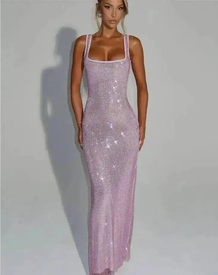 Giyu Sexy Sequined Mesh Diamond Club Evening Party Dresses Women 2025 Summer Autumn Sleeveless Backless Bodycon Maxi Long Dress