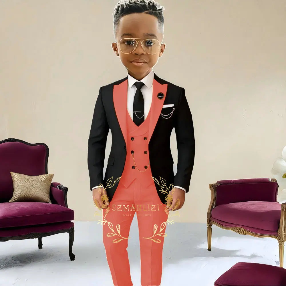 Boys Suit Wedding Tuxedo Black Jacket Beige Pants Vest 3 Pieces Set Kids 2-16 Years Old Child Formal Party Suits Clothes Blazer