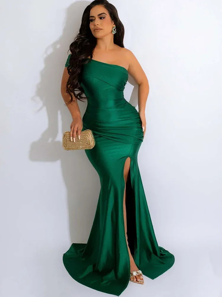 Elegant One Shoulder Split Mermaid Long Dresses for Women Evening Night Party Sleeveless Ruched Formal Prom Wedding Guest Dress