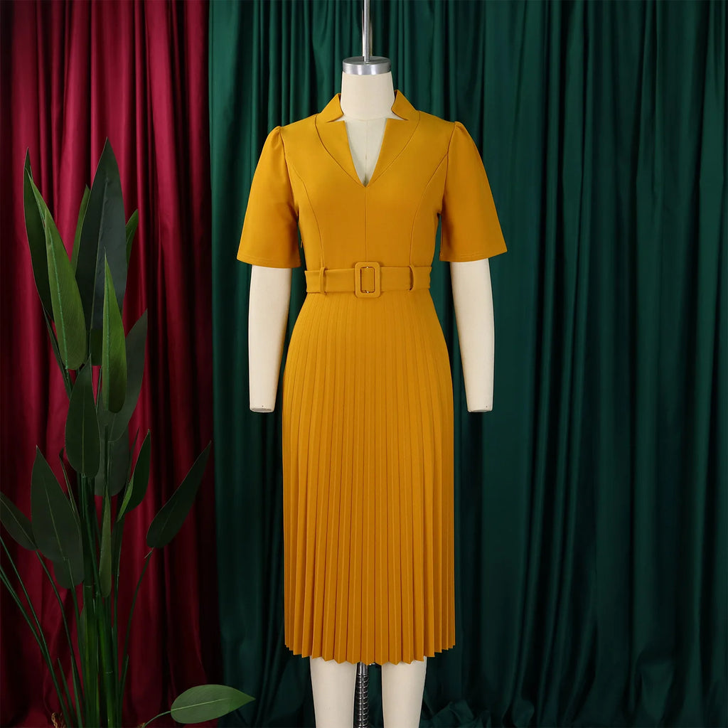 Fashion Ladies Birthday Party Dinner Night Dress New Elegant Pleated Dresses For Women V Neck Short Sleeve Belt Waisted Mid Calf