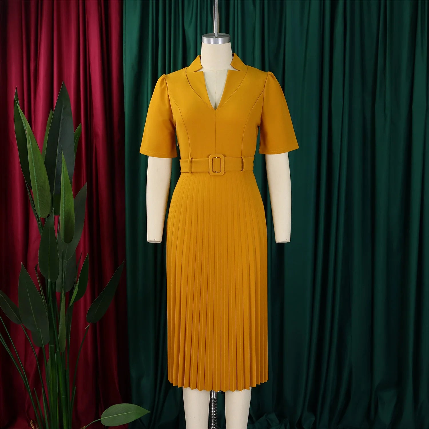 Fashion Ladies Birthday Party Dinner Night Dress New Elegant Pleated Dresses For Women V Neck Short Sleeve Belt Waisted Mid Calf