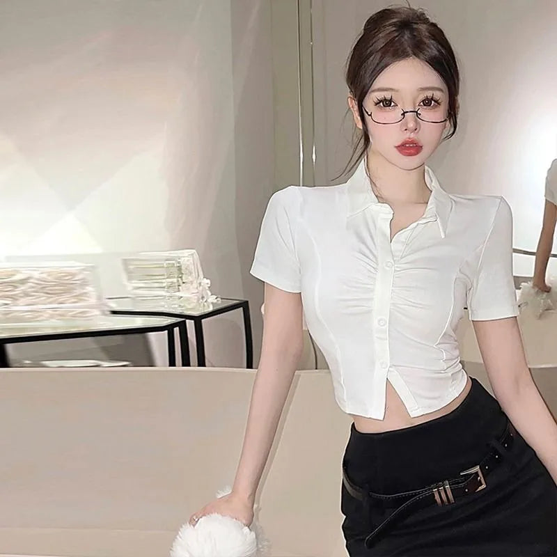 Women's Sexy Polo Shirt  Button Lapel Short Sleeve T-Shirt Summer Slim Waisted Neckline Tops Trendy Transparent Fashion Tops