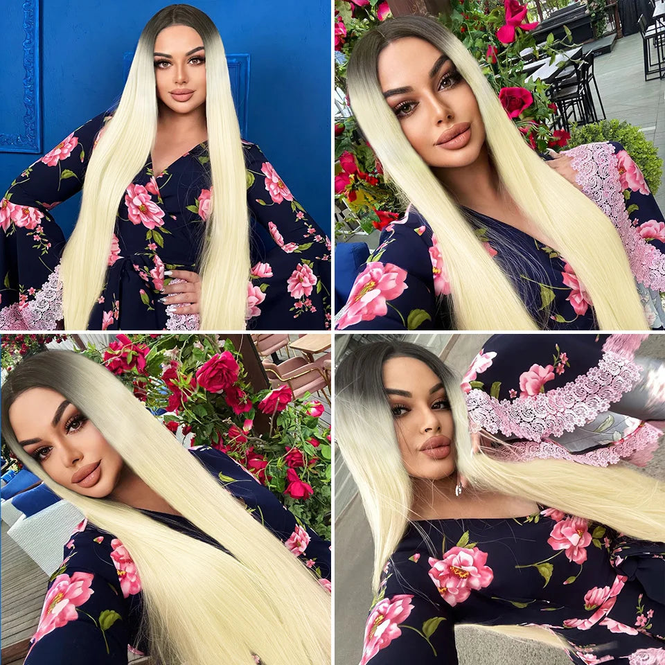Bone Straight Hair Extensions Ombre Blonde Fake Hair Bundles Super Long Hair Synthetic 22-40 Inch Straight Hair Full to End