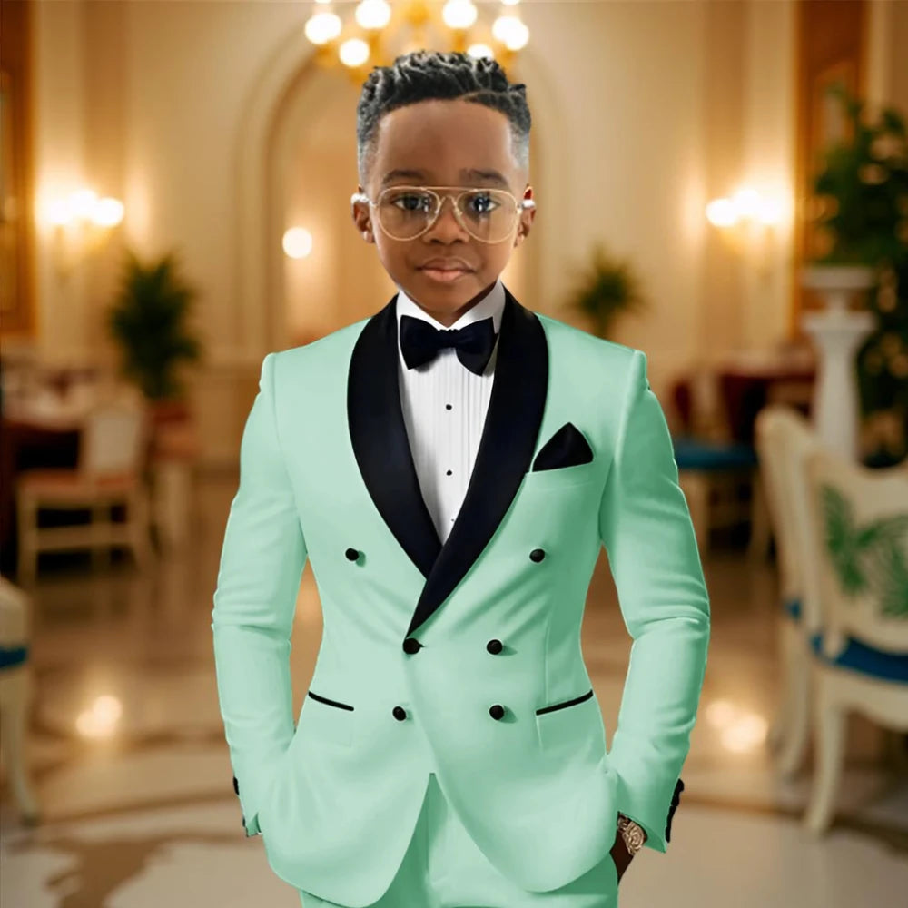 Boy Suits for Wedding Tuxedos with Black Shawl Lapel Double Breasted Mint Kids Wear Two Pieces Slim Flit Prom Party Blazer