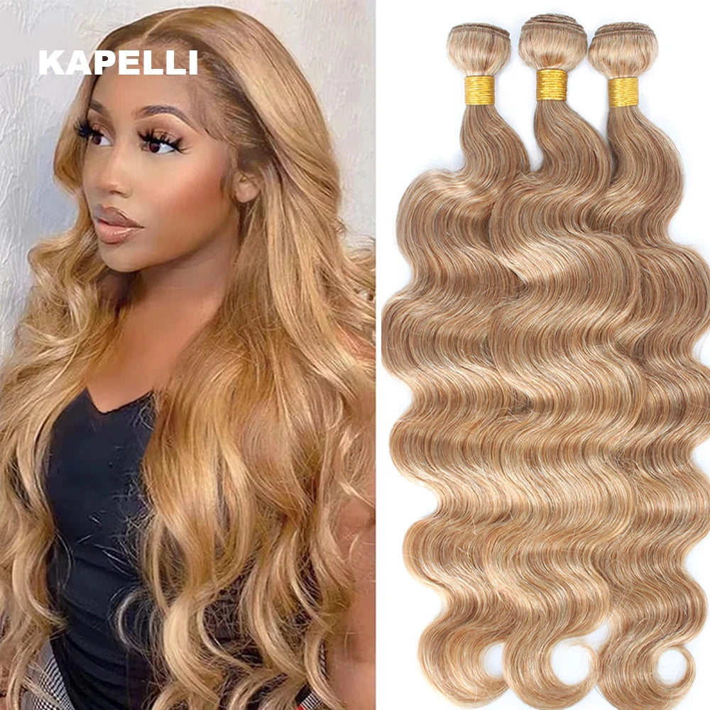 #27 Honey Blonde Hair Body Wave Human Hair Bundles 100% Brazilian Unprocessed Raw Hair Extensions #613 Blonde Bundle Deal