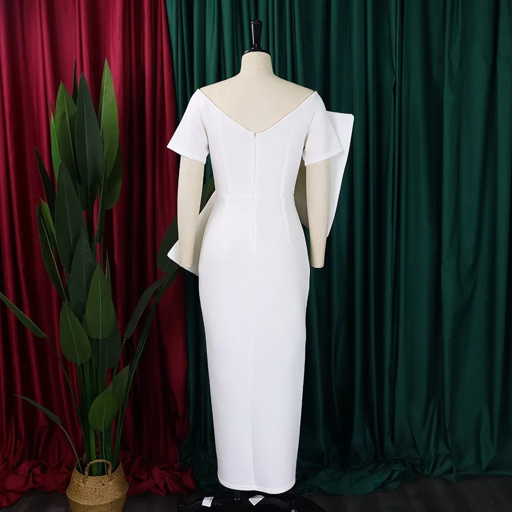 Elegant Party Dresses for Woman 2024 New V Neck Short Sleeve Big Bow Decorate Sheath Side Split Ankle Length Luxury Party Dress