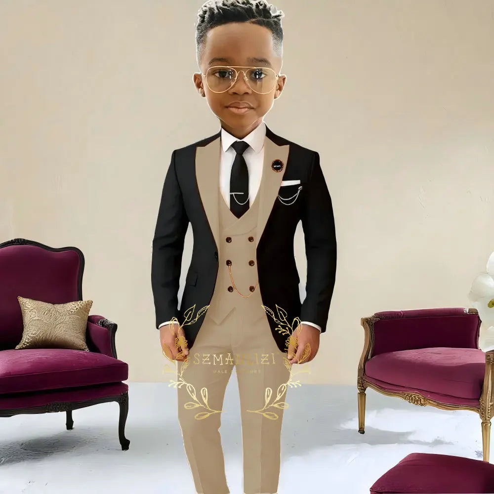 Boys Suit Wedding Tuxedo Black Jacket Beige Pants Vest 3 Pieces Set Kids 2-16 Years Old Child Formal Party Suits Clothes Blazer