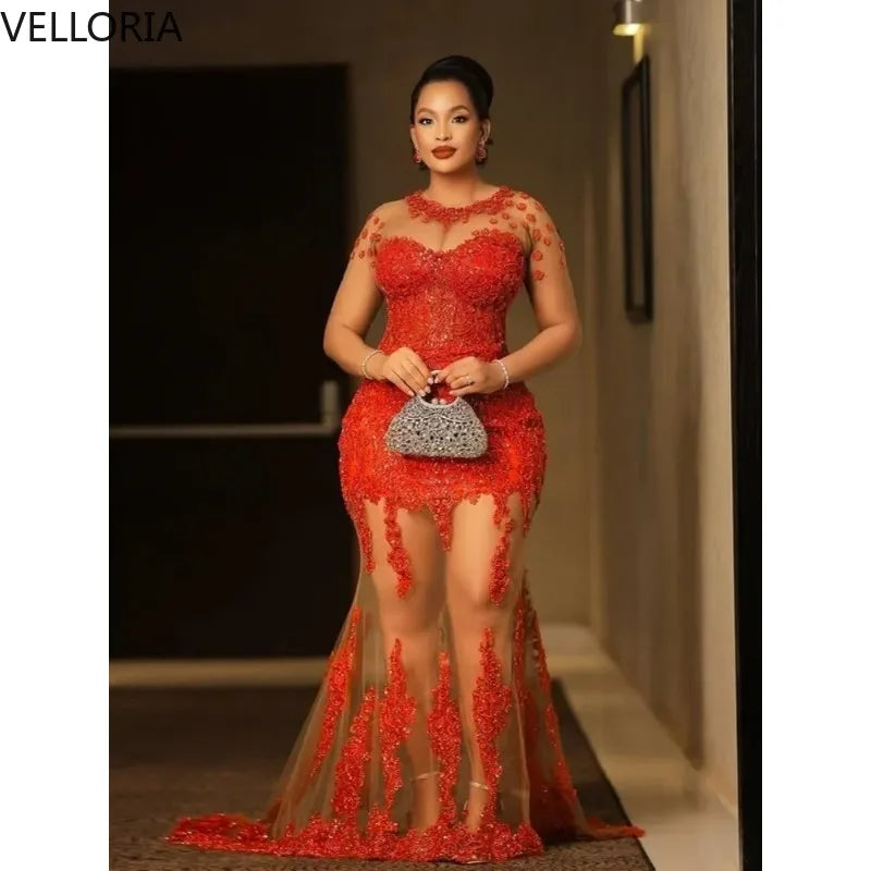 Red Lace Midi Party Dress African Women Sexy Sheer Illusion Neckline Beaded Gown with High Slit Short Cocktail Dress Customized
