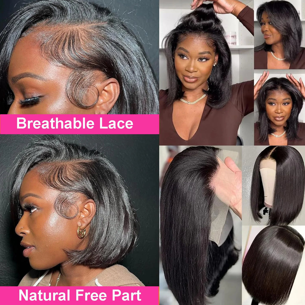Straight Short Bob Wig Human Hair 13x4 Transparent Lace Front Wigs 230 Density Natural Black Bone Straight Short Human Hair Wigs