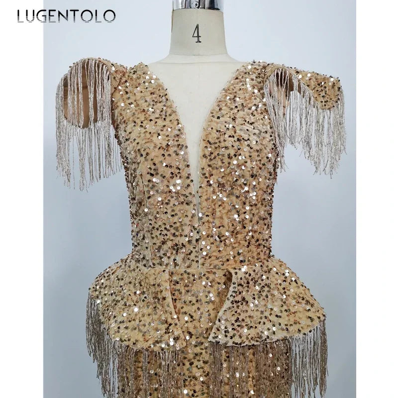 Party Dress Women Spring Autumn Sexy Tassel Sequin Sleeveless O-neck Slim Banquet Dinner Ladies Long Cloth Lugentolo