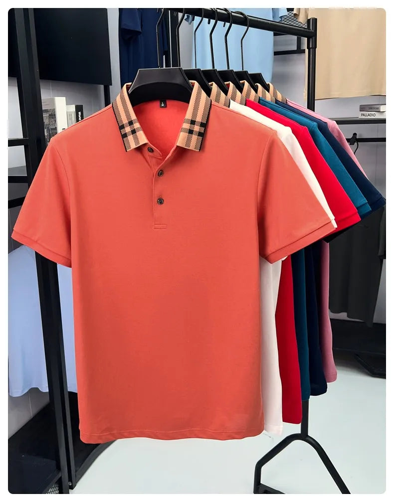 Fashion brand plaid lapel short sleeve polo shirt men summer new style simple solid color high-end business casual golf T-shirt