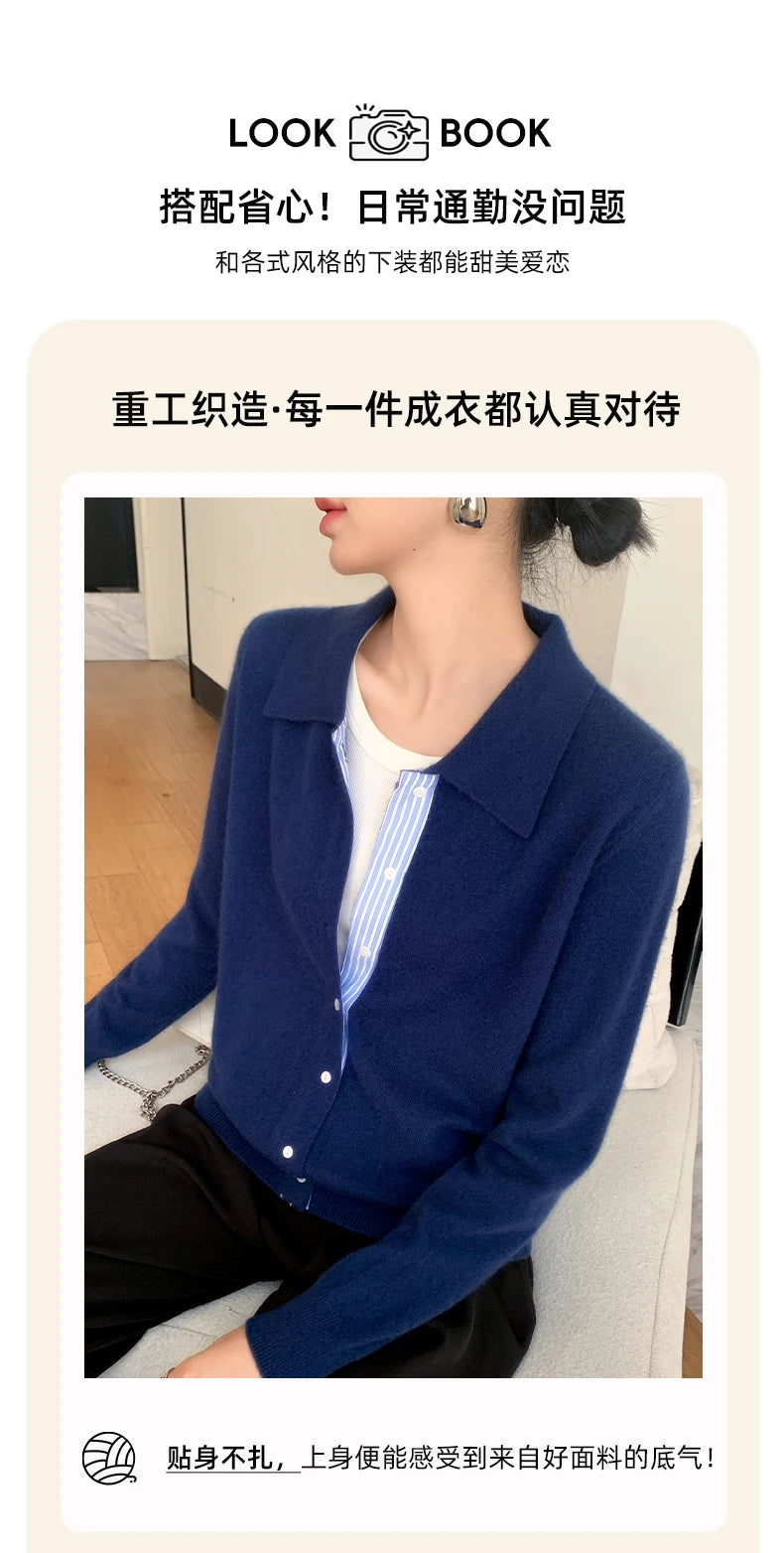 Women's Polo Collar Shirt Cardigan Merino Wool Sweater Long-sleeve Color Bar Clothing Spring Autumn Warm Knitwear Female Top
