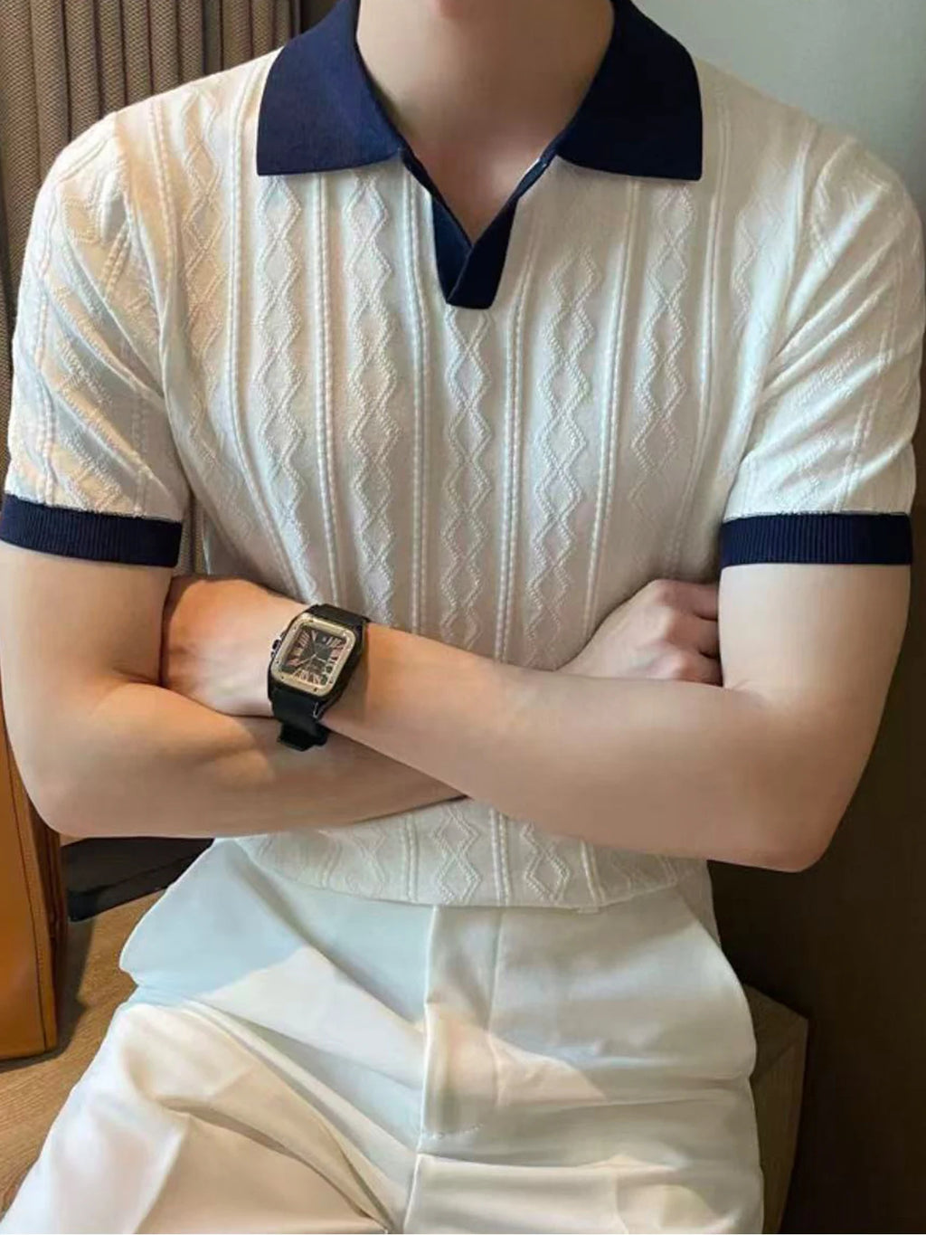 New Men's Slim Fit Polo Shirt Solid Color Elastic Sexy Collar T-shirt Fashionable Casual Top Summer Clothing Comfortable