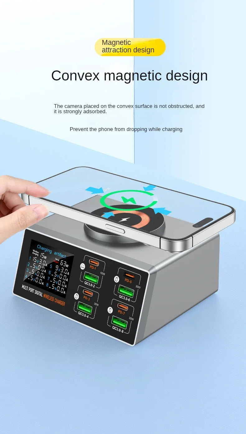 140W Multi-Port Charger with Digital Display, PD+QC, and Desktop Magnetic Wireless Charging for Phones and Laptops