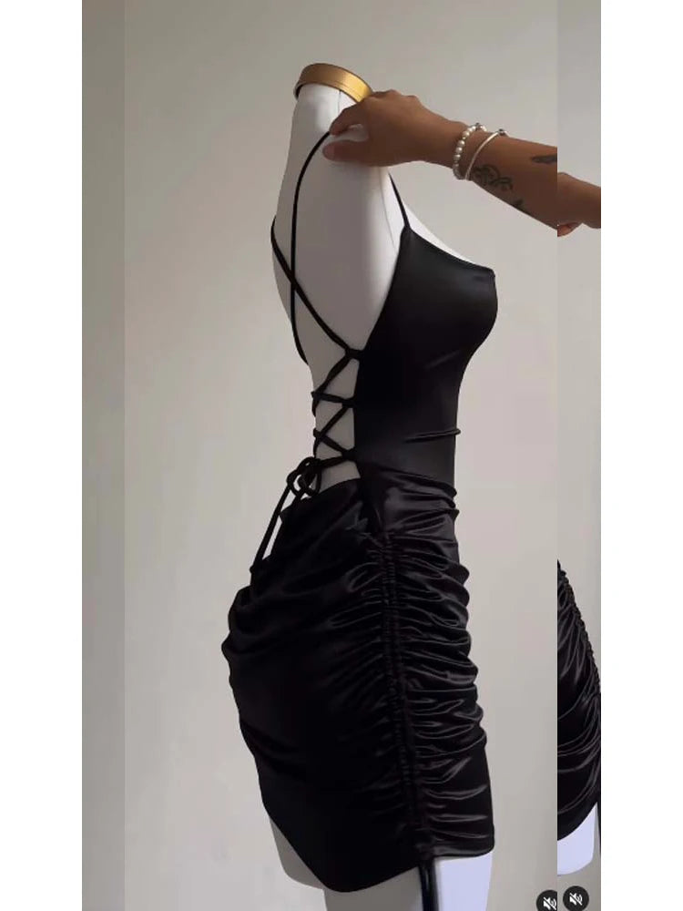 Sexy Sleeveless Backless Bodycon Mini Dress Women Summer Satin Lace Up Party Club Dresses Streetwear Evening Black Y2K 2025 Robe