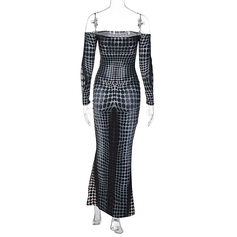 Hugcitar Sexy Y2K Clothes Tie Dye Print Long Sleeve Backless Tube Bodycon Maxi Dresses For Women Club Party Streetwear Outfits