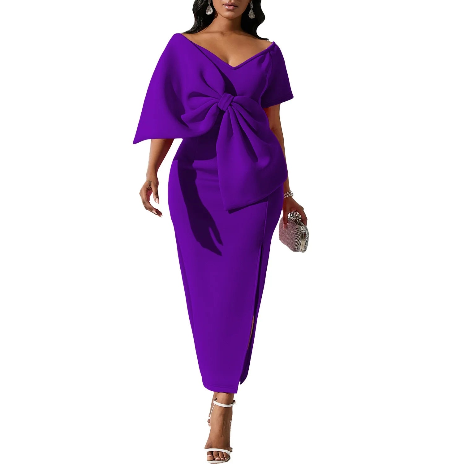 Elegant Party Dresses for Woman 2024 New V Neck Short Sleeve Big Bow Decorate Sheath Side Split Ankle Length Luxury Party Dress