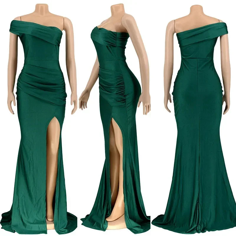 Elegant One Shoulder Split Mermaid Long Dresses for Women Evening Night Party Sleeveless Ruched Formal Prom Wedding Guest Dress