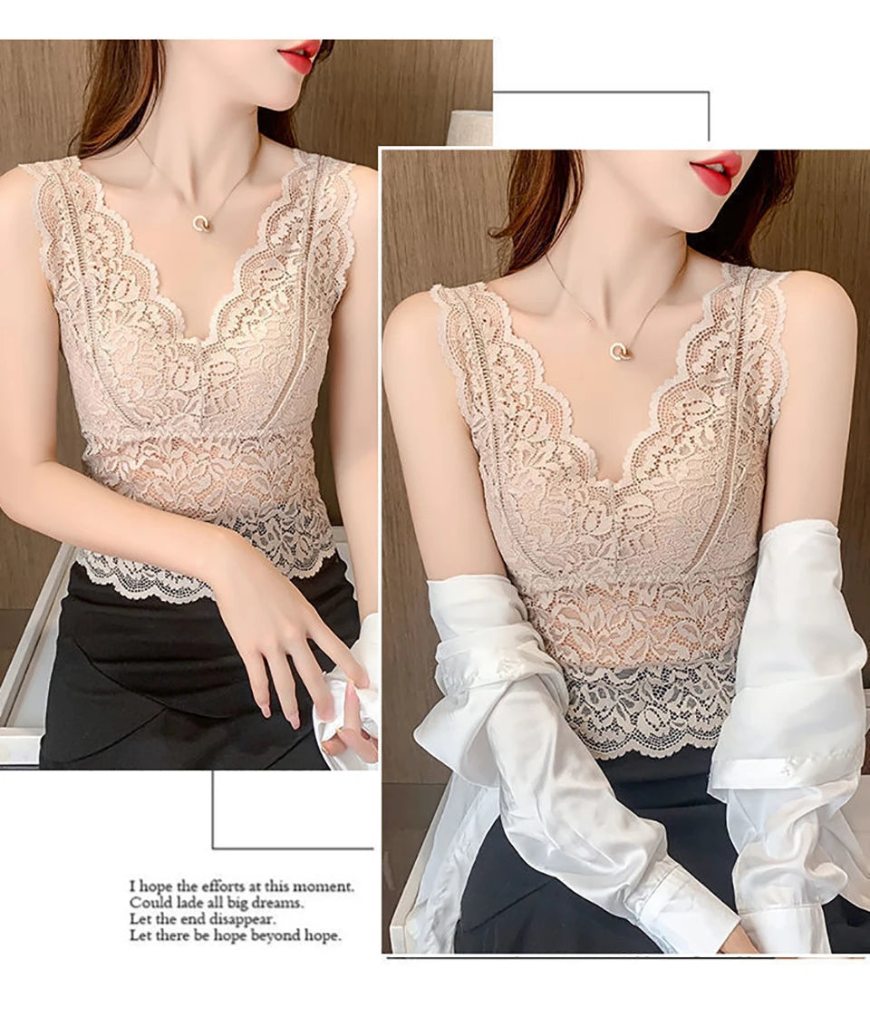 Summer Sexy Deep V Lace Vest With Breast PadsEmbroidery Floral Tank Top Wrapped Chest Camisole Padded Crop Tank Top For Women