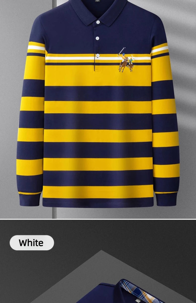 Polo Shirt Man Long Sleeve Cotton Casual Striped Polo Shirt Men Fashion Lapel Button Shirt Embroidery High Quality Breathable