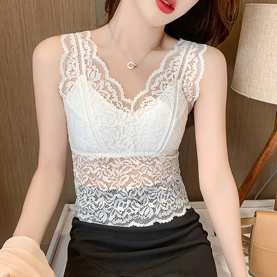 Summer Sexy Deep V Lace Vest With Breast PadsEmbroidery Floral Tank Top Wrapped Chest Camisole Padded Crop Tank Top For Women