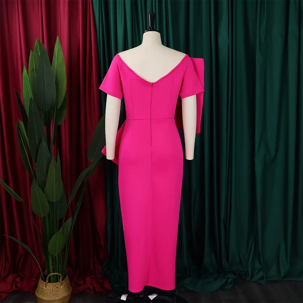 Elegant Party Dresses for Woman 2024 New V Neck Short Sleeve Big Bow Decorate Sheath Side Split Ankle Length Luxury Party Dress