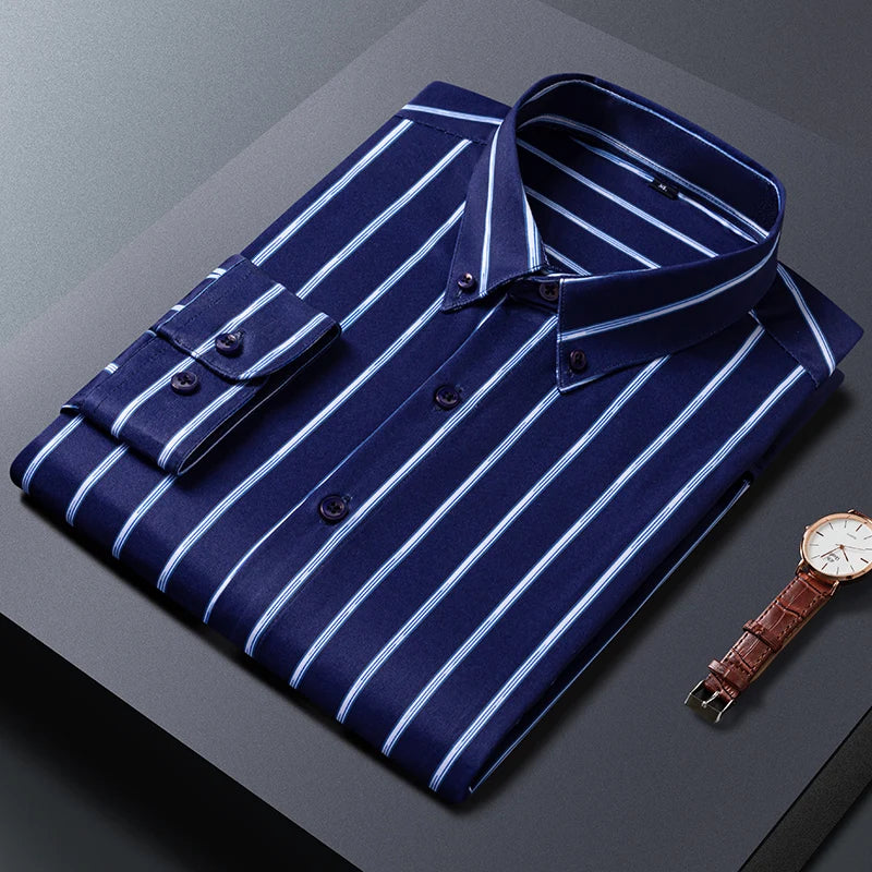 Mens Striped Shirts Korean Fashion Business Formal Wear Long Sleeve Men's Social Shirt Dress Slim Fit Elastic Office Blouse Male