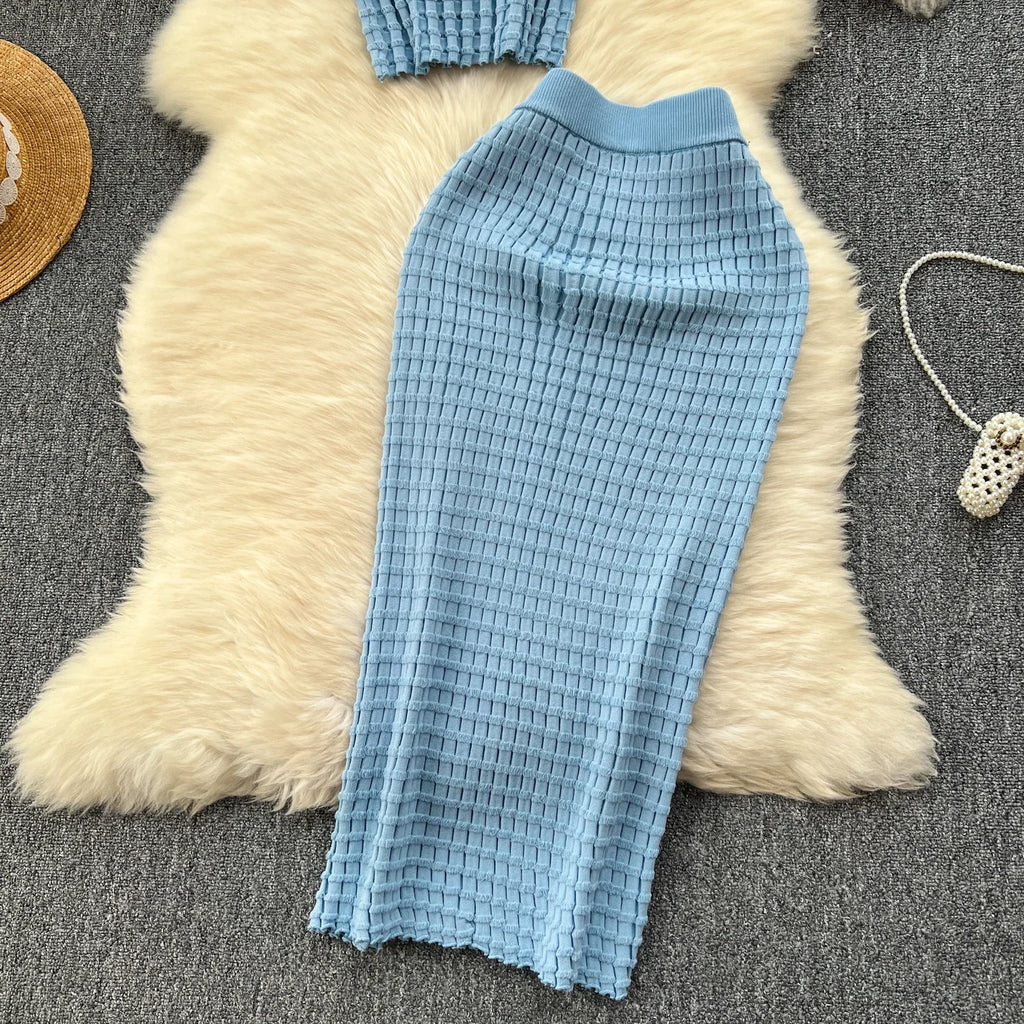 Summer Women Fashion Skirt Set Sexy Sleeveless Tank Tops High Waist Slim Long Saya Female Two Piece Suits Knit Solid Clothes