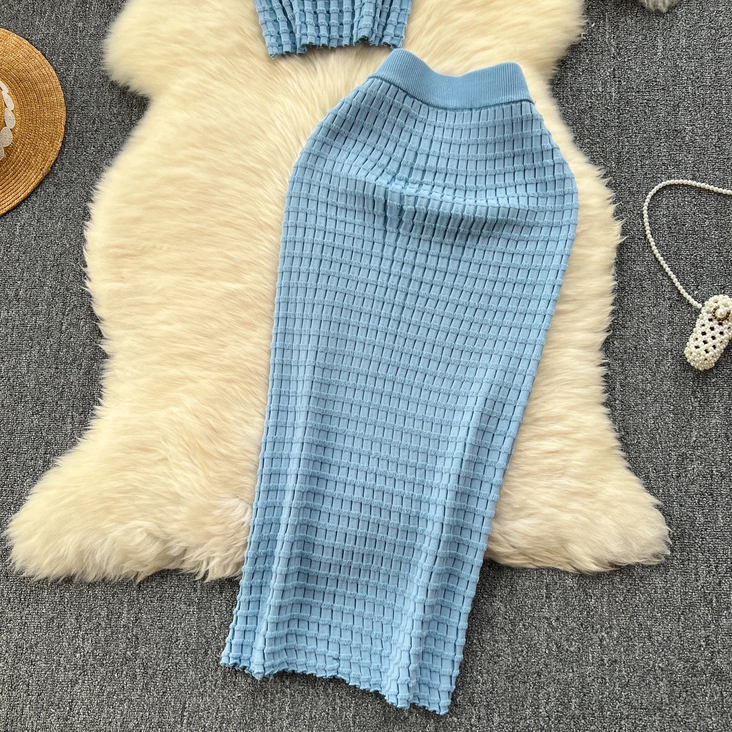 Summer Women Fashion Skirt Set Sexy Sleeveless Tank Tops High Waist Slim Long Saya Female Two Piece Suits Knit Solid Clothes