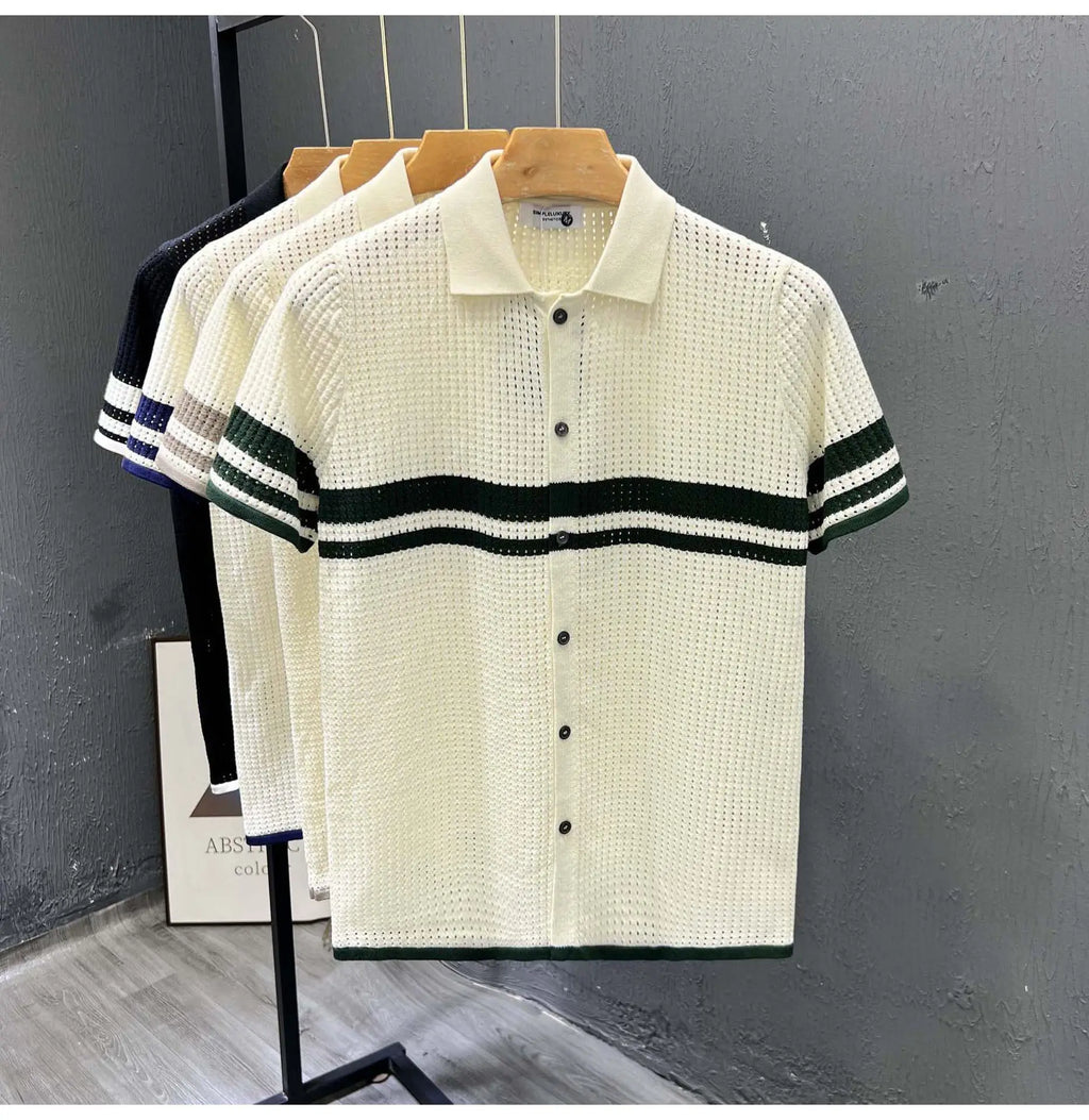 POLO Shirt Knitted Sweater Short-sleeved Men's Hollow Cardigan Striped Old Money Wind Casual T-shirt Summer Men Clothing