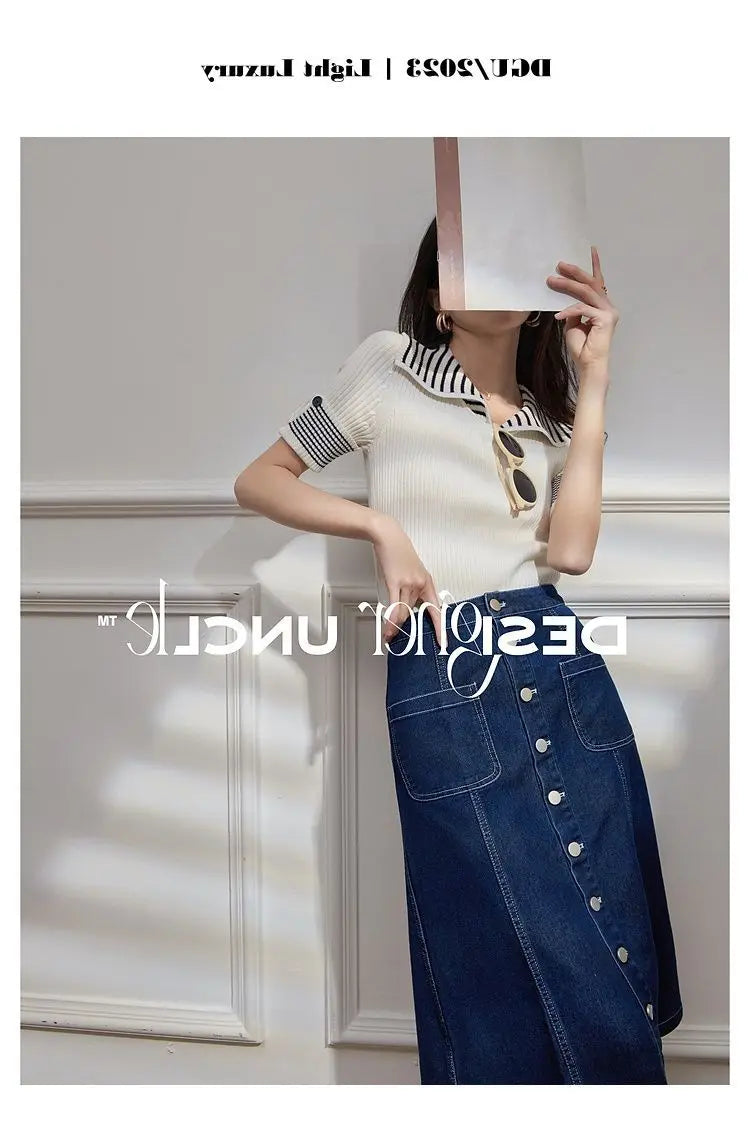 Women's T Shirts Polo Neck Shirt Top Short Sleeve Tee Clothes White Striped Cute Offer Premium With Collar Polyester Sale