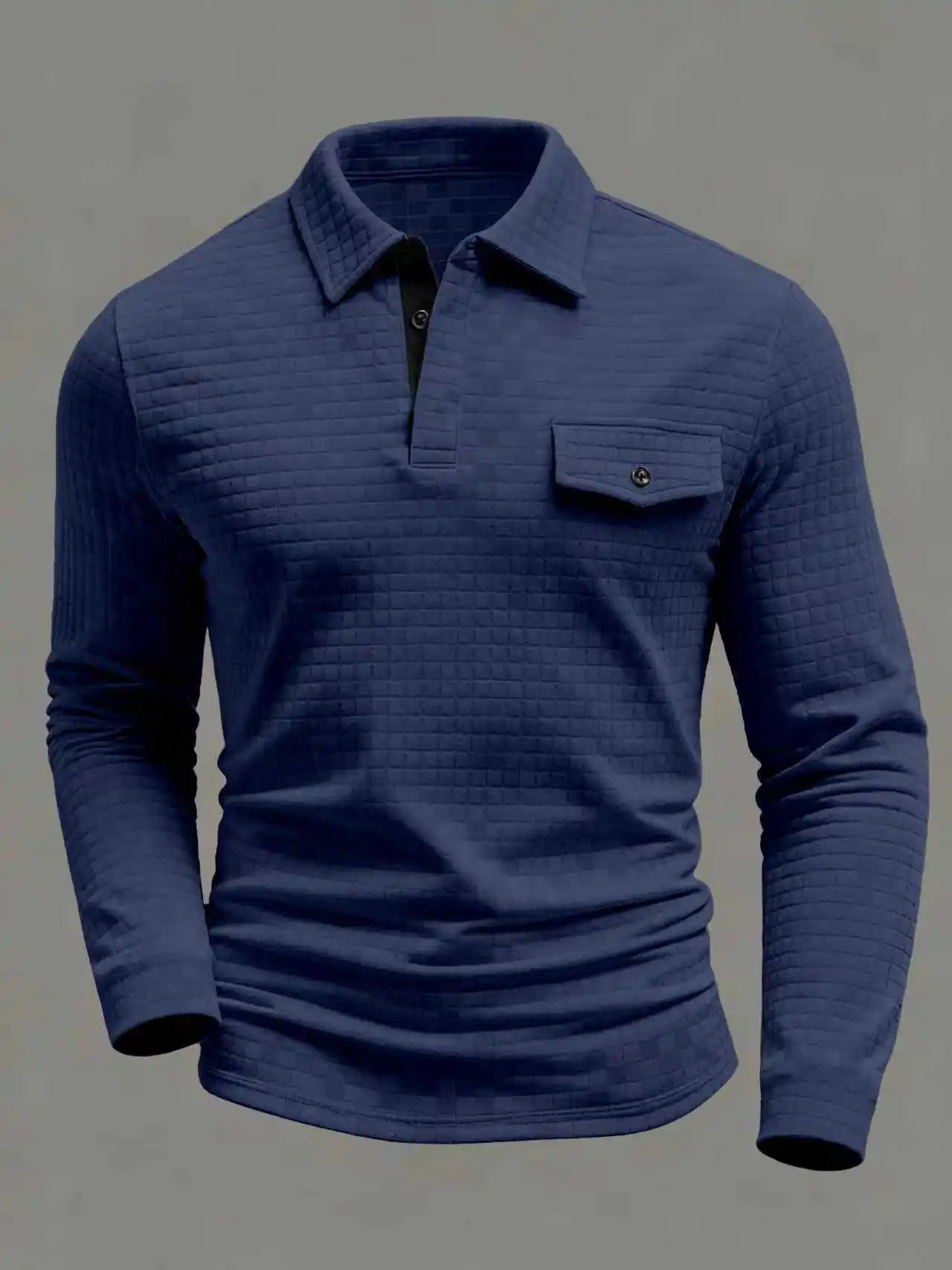 Spring Autumn Men's Classic Polo Shirt - Daily Casual Design with Chessboard Pattern Patch Pockets on the Collar and Long Sleeve