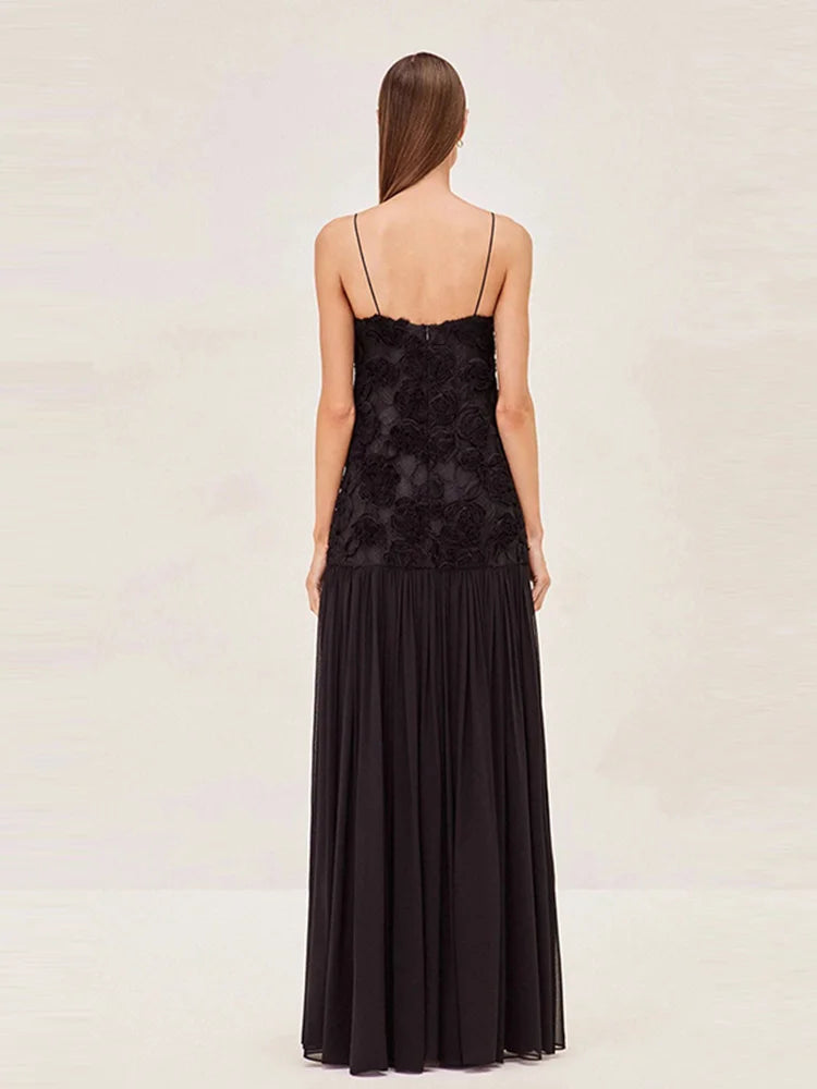 Stereo Flower Slip Dress Patchwork Chiffon Solid Color Rose Halter Robes Waist Cinching Suspender Women Pleated Long Dresses